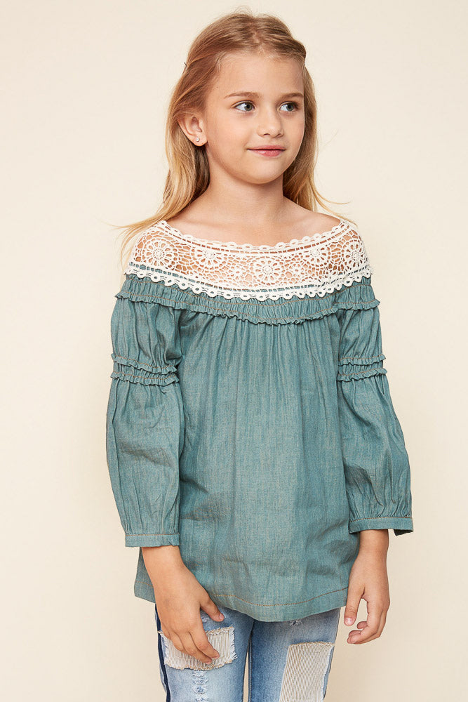 G3052 Khaki Denim Lace Peasant Top Front