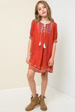 Patterned Embroidered Tunic Dress w/Tassle Detail