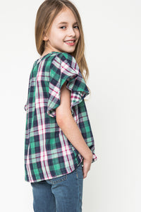 G3248 Green Mix Plaid Ruffle Sleeve Top Back