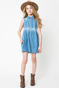 G3277 LT DENIM Polka Dot Denim Dress Front