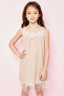 G3458 Latte Girls Bib Lace Tank Dress Front