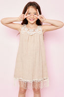 G3458 Latte Girls Bib Lace Tank Dress Pose