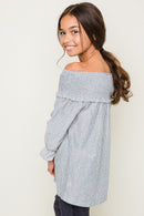G3497 Grey Girls Off The Shoulder High Low Hemline Tunic Detail