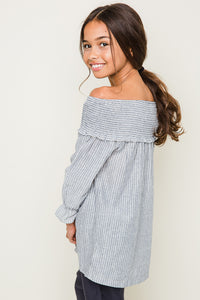 G3497 Grey Girls Off The Shoulder High Low Hemline Tunic Detail