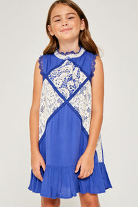 G3534 Cobalt Blue Girls Ruffle Lace Swing Dress Front