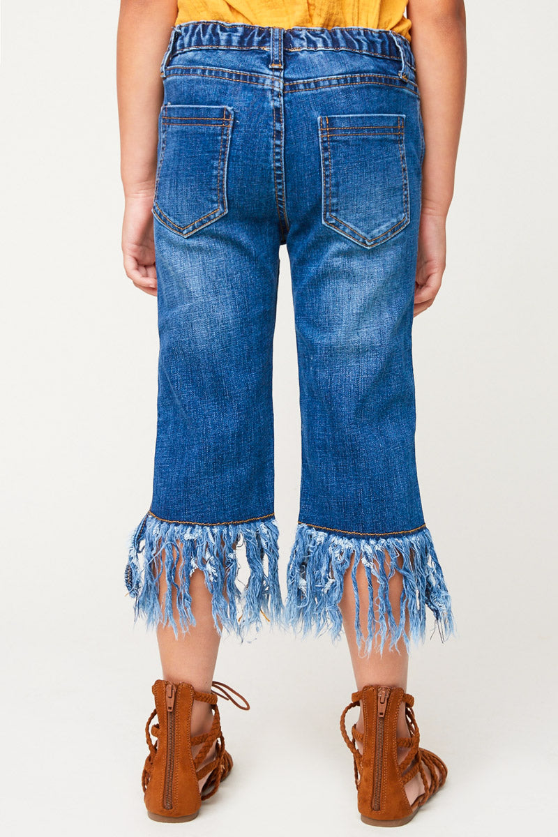 G3544 Mid Denim Girls Frayed Denim Pants Back