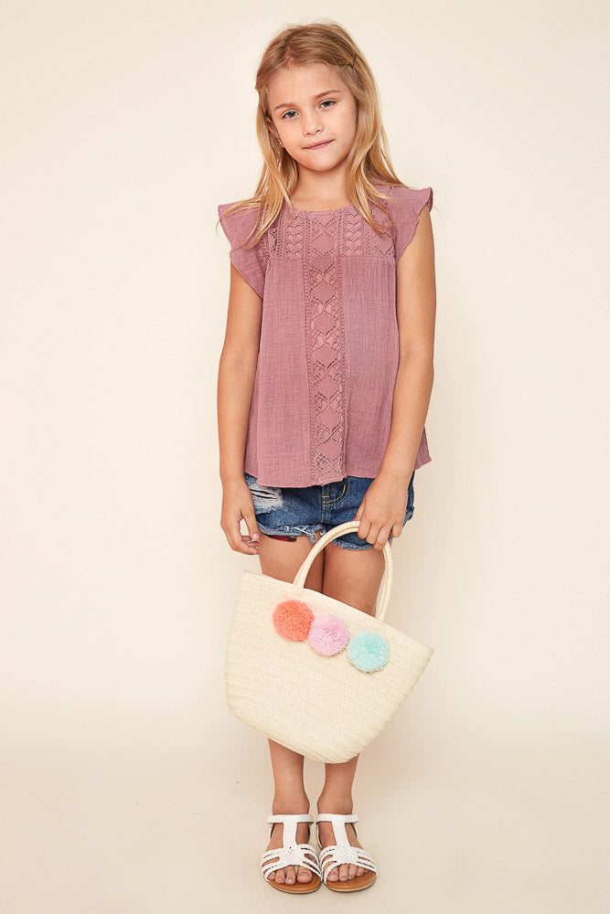 G3577 MUAVE Crochet Flutter Sleeve Top Alternate Angle