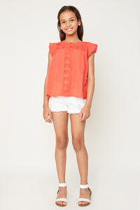 G3577 TOMATO Crochet Flutter Sleeve Top Alternate Angle