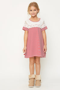 G3612 Red Girls Stripe Lace A-Line Tee Full Body