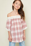G3650 Cherry Girls Off The Shoulder Checkered Tunic Front