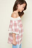 G3650 Cherry Girls Off The Shoulder Checkered Tunic Side
