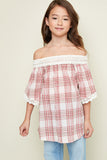 G3650 Cherry Girls Off The Shoulder Checkered Tunic Front 2