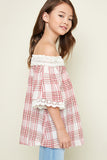 G3650 Cherry Girls Off The Shoulder Checkered Tunic Detail