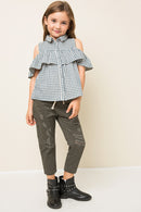 G3676 Blue Ruffled Plaid Shirt Full Body