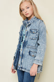 G3682 Mid Denim Girls Acid Wash Cargo Jacket Side