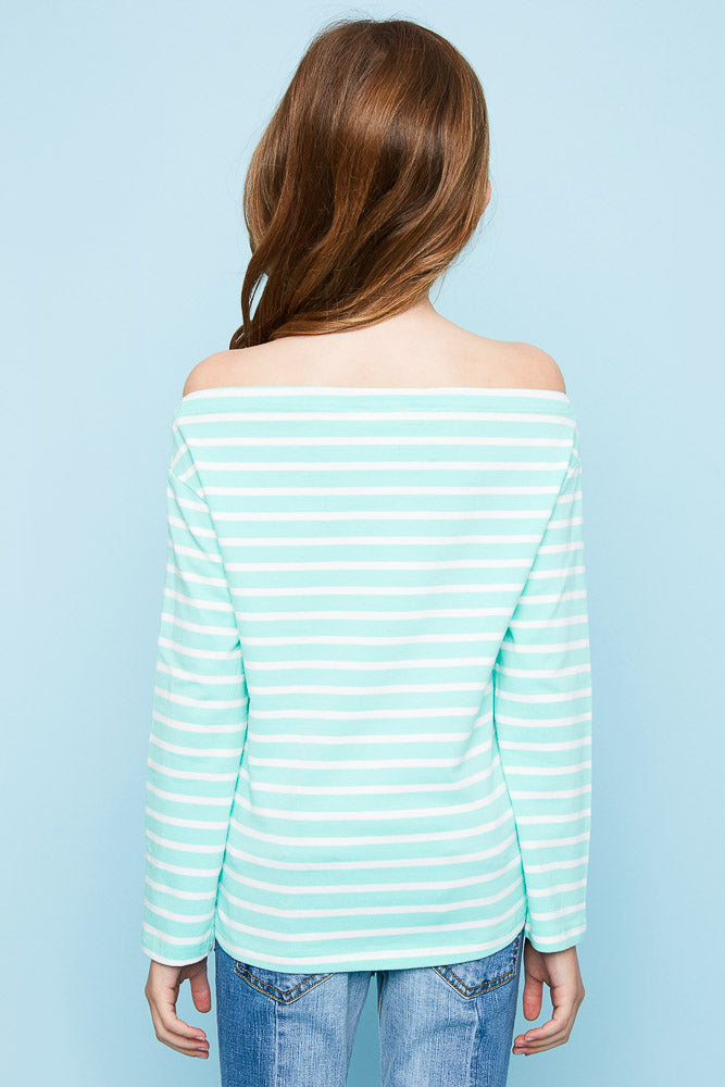 G3906 MINT Off The Shoulder Striped Top Back