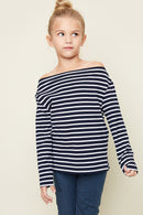 G3906 NAVY Off The Shoulder Striped Top Front