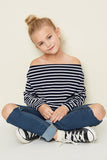 G3906 NAVY Off The Shoulder Striped Top Sitting