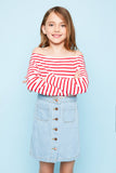 G3906 Red Girls Off The Shoulder Striped Long Sleeve Front
