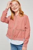 G3934 Dusty Pink Girls Double Zip-Up Bomber Jacket Front
