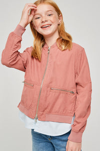 G3934 Dusty Pink Girls Double Zip-Up Bomber Jacket Front