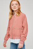 G3934 Dusty Pink Girls Double Zip-Up Bomber Jacket Side