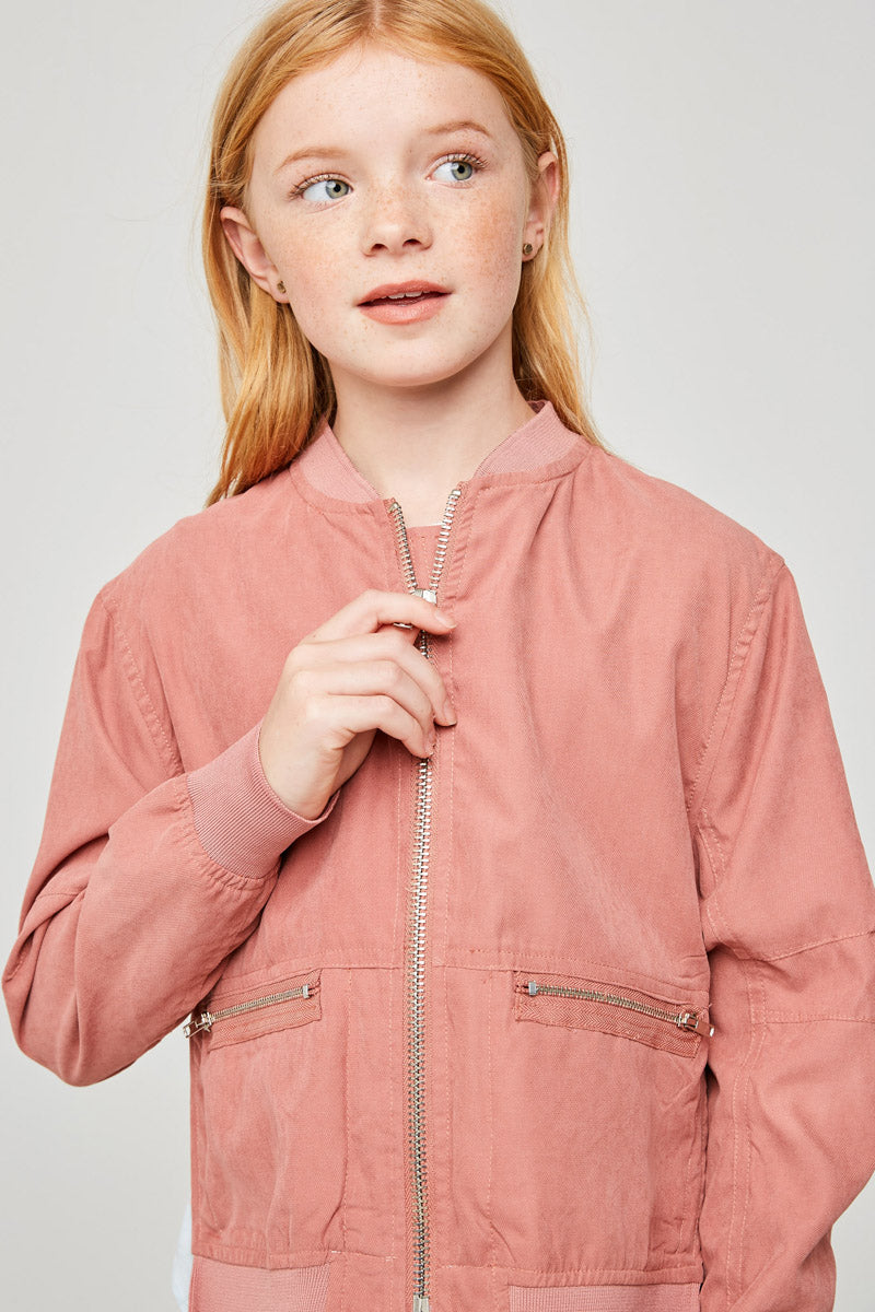 G3934 Dusty Pink Girls Double Zip-Up Bomber Jacket Detail