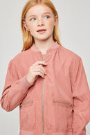 G3934 Dusty Pink Girls Double Zip-Up Bomber Jacket Detail