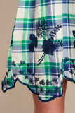 G4147 Green Girls Embroidered Plaid Peasant Dress Detail