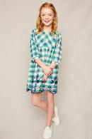 G4147 Green Girls Embroidered Plaid Peasant Dress Full Body