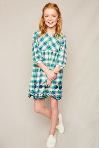G4147 Green Girls Embroidered Plaid Peasant Dress Full Body