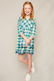 G4147 Green Girls Embroidered Plaid Peasant Dress Full Body