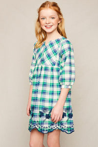 G4147 Green Girls Embroidered Plaid Peasant Dress Side