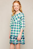 G4147 Green Girls Embroidered Plaid Peasant Dress Side