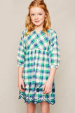 G4147 Green Girls Embroidered Plaid Peasant Dress Front