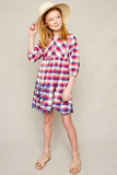G4147 Hot Pink Girls Embroidered Plaid Peasant Dress Full Body