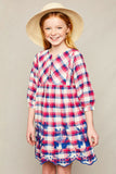 G4147 Hot Pink Girls Embroidered Plaid Peasant Dress Front