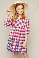 G4147 Hot Pink Girls Embroidered Plaid Peasant Dress Pose