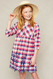 G4147 Hot Pink Girls Embroidered Plaid Peasant Dress Pose