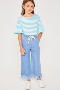 G4185-ICE Striped Ruffle Sleeve T-Shirt Full Body