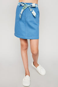 G4192 BLUE Contrast Tie Denim Mini Skirt Front