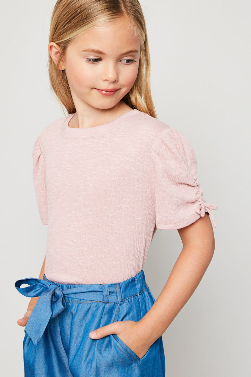 G4199 YELLOW Ruched Puff-Sleeve Knit Top Sitting