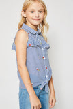 G4215 BLUE Embroidered Front Tie Tank Top Alternate Angle