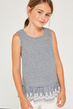G4232 NAVY Floral Embroidered Ruffle Tank Top Front