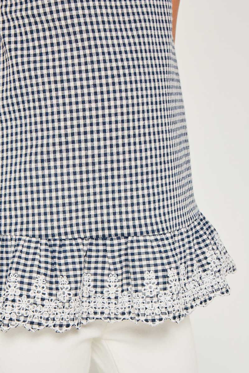 G4232 NAVY Floral Embroidered Ruffle Tank Top Front Detail