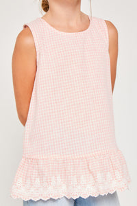 G4232 PINK Floral Embroidered Ruffle Tank Top Front Detail