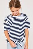 G4253 NAVY Stripe Sleeve Cut-Out Tie-Front Tee Front