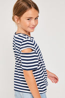 G4253 NAVY Stripe Sleeve Cut-Out Tie-Front Tee Back