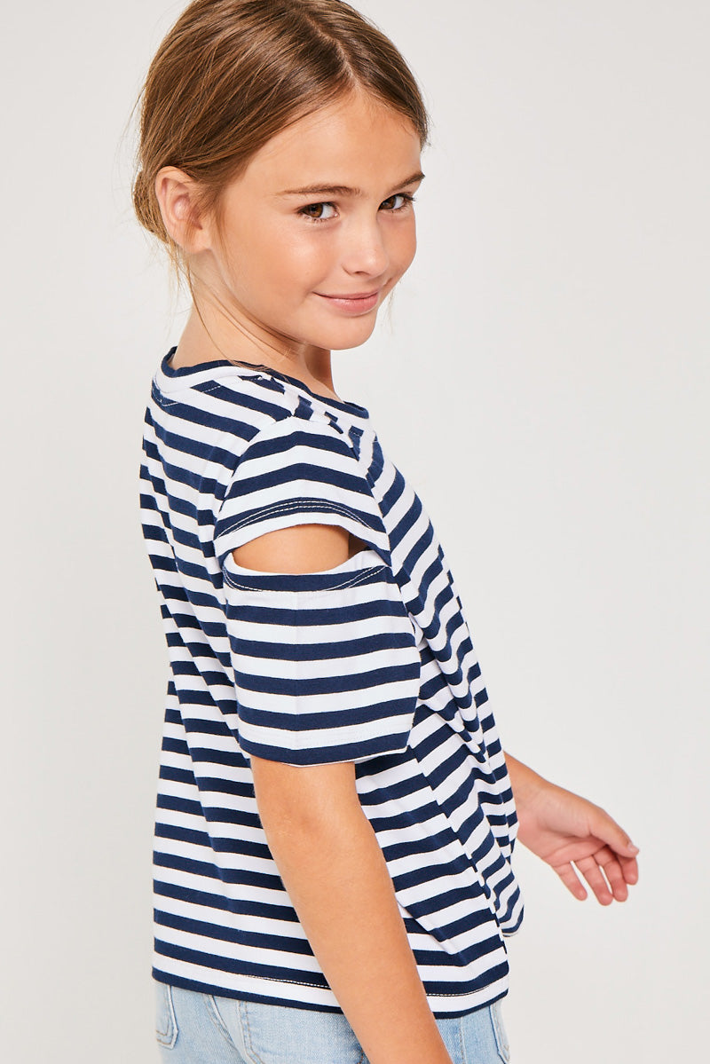 Stripe Sleeve Cut-Out Tie-Front Tee