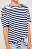 G4253 NAVY Stripe Sleeve Cut-Out Tie-Front Tee Front Detail